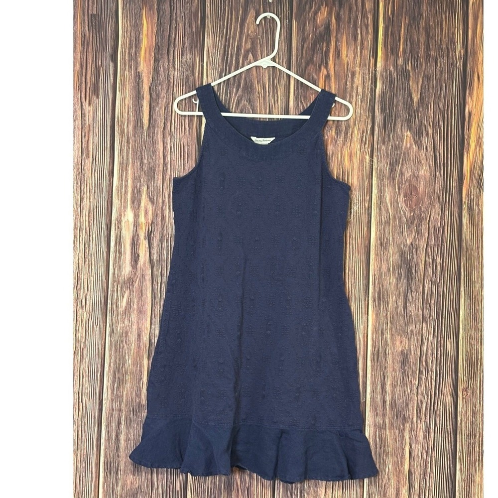 Tommy Bahama Dress Womens M Navy Blue Embroidered Cotton Ruffle Hem Resort